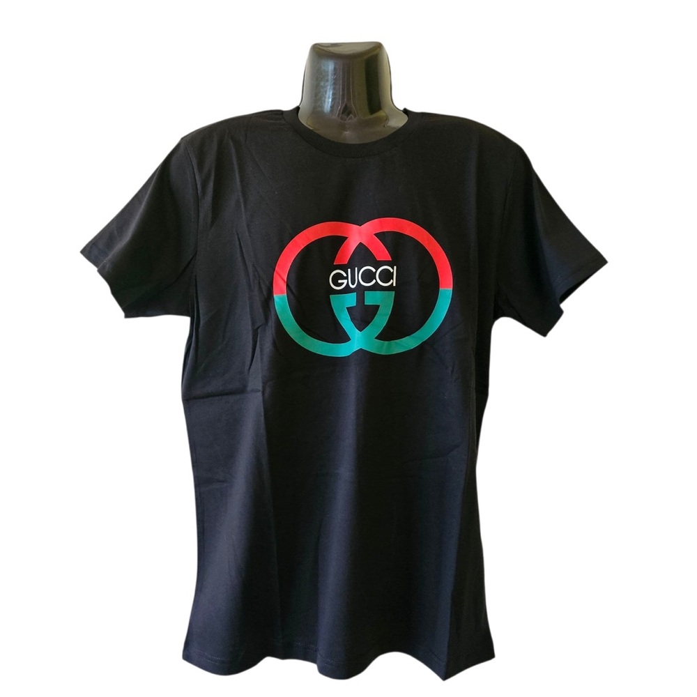 Gucci Black Tee with Red and Green Logo